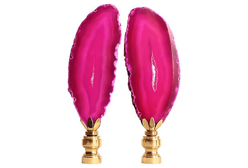 A Matching Pair Hot Pink Agate Slice Lamp Finials on Shiny Brass Bases