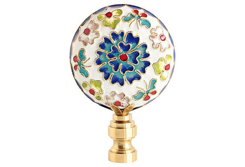 Chinese Champlev\u00e9 Cloisonn\u00e9 Lamp Finials on Shiny Brass Bases A Matching Pair in Blue /& White