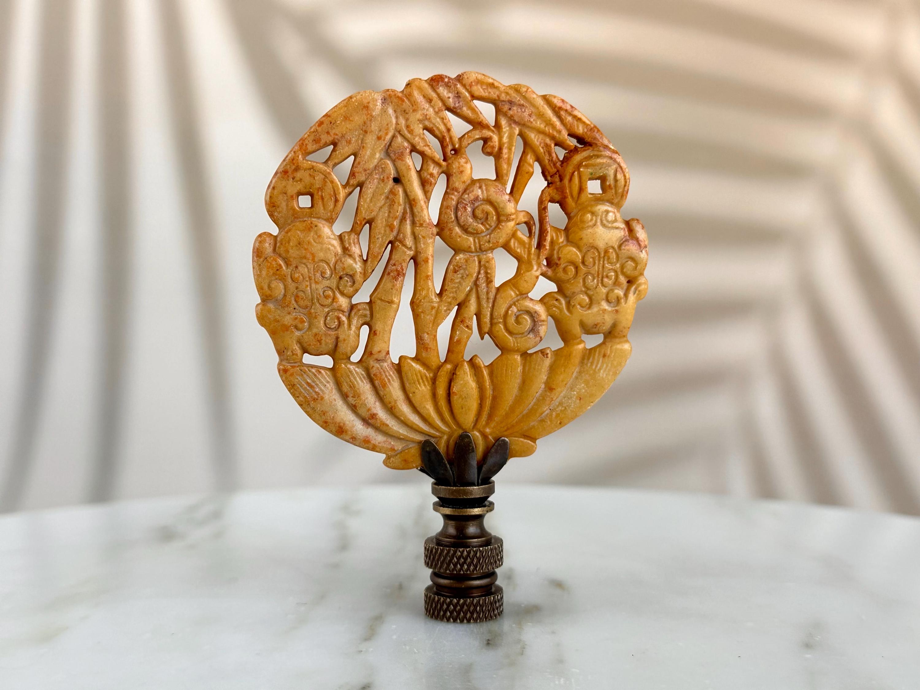 Chinese Lotus & Bamboo Lamp Finials on Bronze Hardware in Harvest