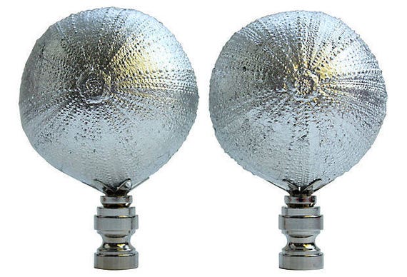Silvered Sea Urchin Lamp Finials Natural Specimens On Shiny Chrome Bases A Matching Pair