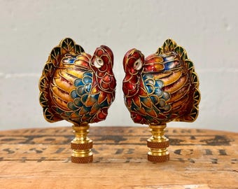 Cloisonné Turkey Lamp Finials on Brass Hardware - A Matching Pair