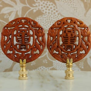 Lotus Flower Carved Stone Lamp Finials in Brown on Brass Hardware - A Matching Pair
