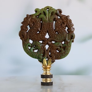 Asian Carved Stone Lamp Finial in Brown & Green on Brass Hardware