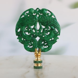 Chinese Lovebirds Lamp Finial in Green on Brass Hardware
