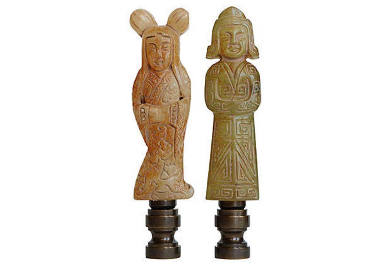 Chinese Couple Carved Stone Lamp Finials Tan and Jade Green on Bronze Tone Bases A Matching Pair