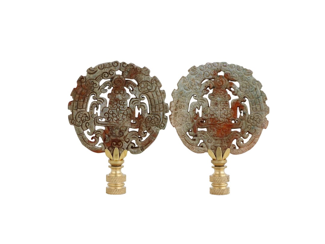 Chinese Variegated Stone Archaic Style Lamp Finials Asian Carved Stone Lamp Topper on Brass