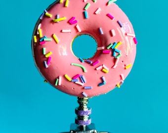 Pink Donut Lamp Finial on Chome Hardware -  Pink Sprinkle Donut Lamp Topper