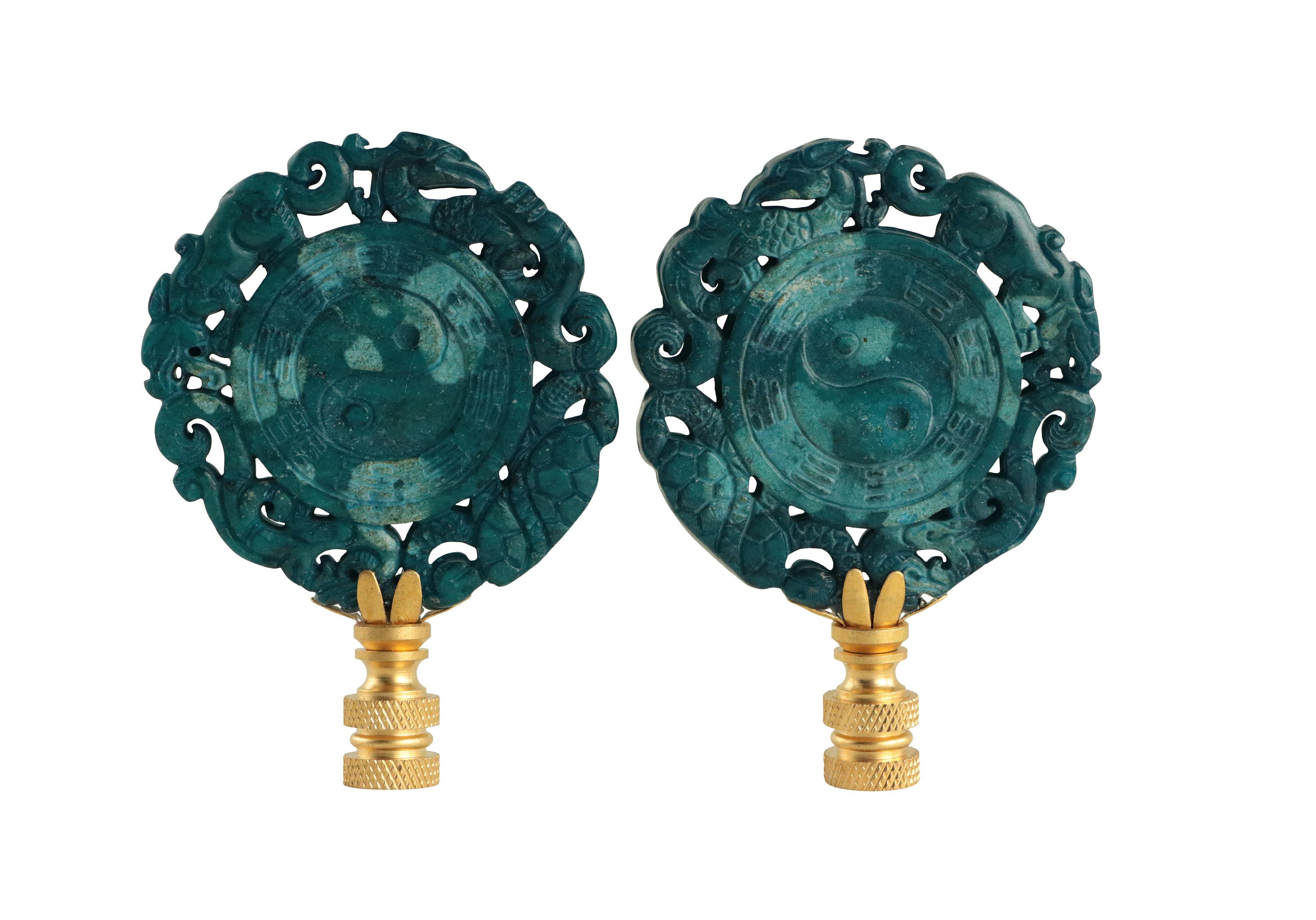 Yin & Yang Lamp Finials - Asian Carved Stone Finials in Mottled Blue on Brass Hardware - A Matching Pair