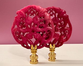 Chinese Carved Stone Lamp Finials in Raspberry Pink on Brass Hardware - A Matching Pair of Asian Lamp Toppers