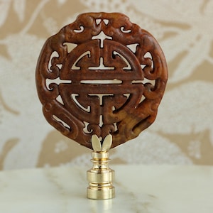 Chinese Longevity Symbol Carved Stone Lamp Finial - Asian Lamp Finial in Brown on Golden Brass Hardware