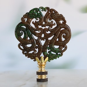 Asian Carved Stone Lamp Finial in Brown & Green on Brass Hardware