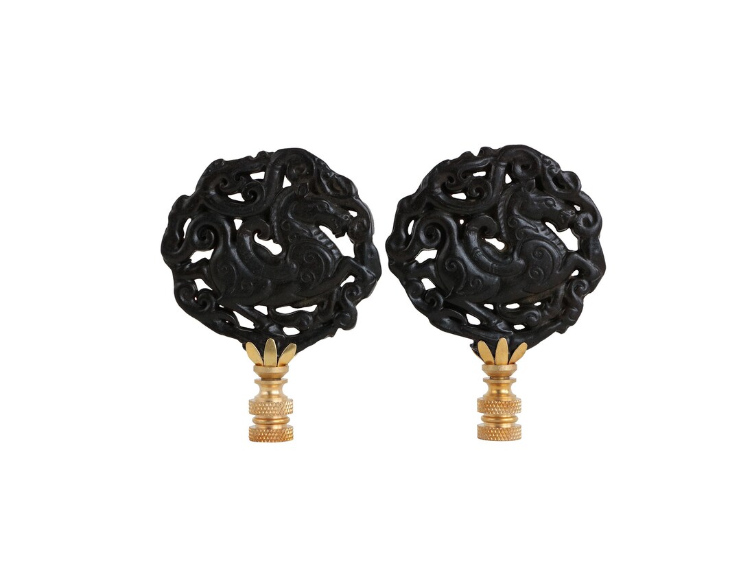 Tang Horse Lamp Finials Black & Gold Chinese Horses on Brass Hardware A