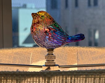 Colorful Glass Bird Lamp Finial on Brass Hardware - Rainbow Songbird Lamp Topper