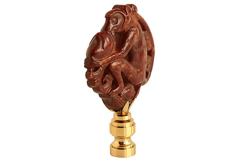 Stone Monkey Lamp Finial Warm Brown Asian Style Carved Stone Monkey on a Shiny Brass Base