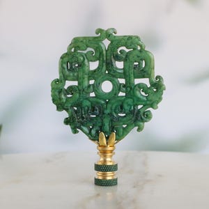 Chinese Unity Symbol Lamp Finial on Brass Hardware in Speckled Green
