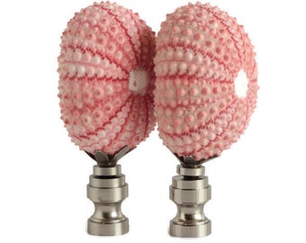 Coral Pink Sea Urchin Lamp Finials - Natural Sea Urchin Specimens on Matte Nickel Bases - A Matching Pair