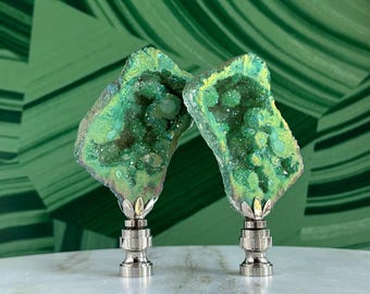 Iridescent Split Geode Lamp Finials on Shiny Chrome Hardware - A Matching Pair of Titanium Quartz Lamp Toppers in Green