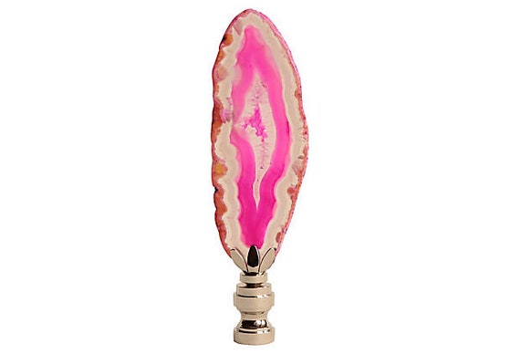 A Matching Pair Hot Pink Agate Slice Lamp Finials on Shiny Brass Bases