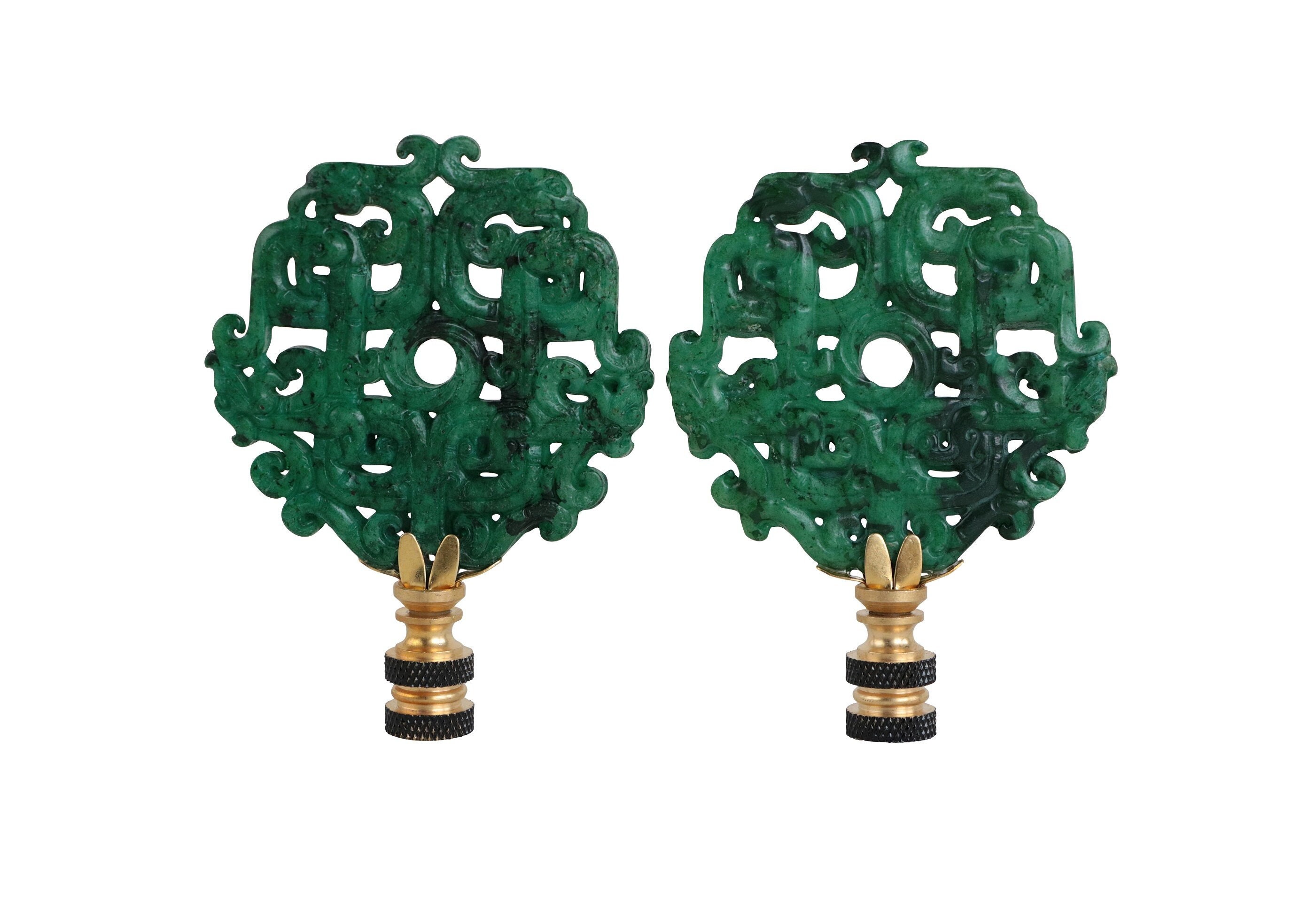 Mottled Jade Green Carved Stone Lamp Finials Asian Lamp Finials on Brass  Hardware A Matching Pair 