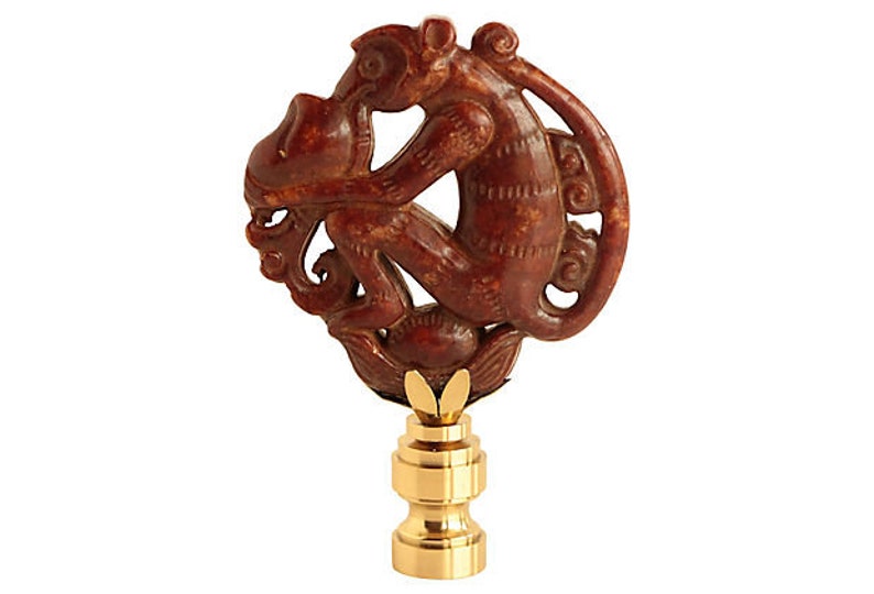 Stone Monkey Lamp Finial Warm Brown Asian Style Carved Stone Monkey on a Shiny Brass Base