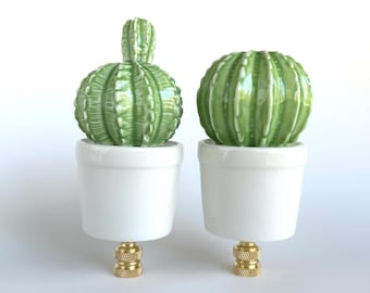 Cactus Plant Lamp Finials on Brass Hardware- A Matching Pair of Ceramic Succulent Lamp Toppers