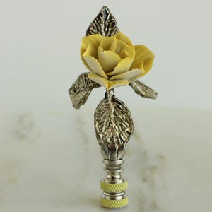 Yellow Rose Lamp Finial on Polished Nickel Hardware - Yellow Capodimonte Porcelain Flower Decorative Lamp Topper