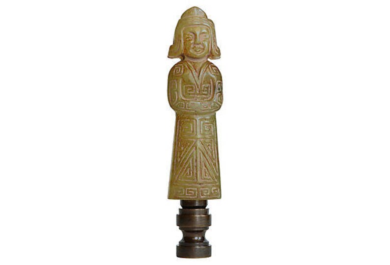 Chinese Couple Carved Stone Lamp Finials Tan and Jade Green on Bronze Tone Bases A Matching Pair