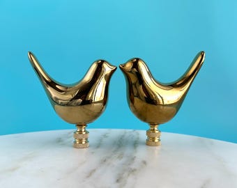 Golden Bird Lamp Finial on Brass Hardware -  Ceramic Songbird Lamp Topper