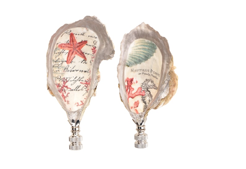 Seafarer's Oyster Sea Shell Lamp Finials in Silver - shops Natural Decoupaged Oyster Shell Specimens on Shiny Chrome Nickel Bases - A Pair