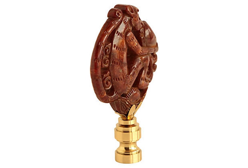 Stone Monkey Lamp Finial Warm Brown Asian Style Carved Stone Monkey on a Shiny Brass Base