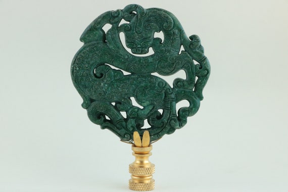 Prancing Dragon Carved Stone Lamp Finial Teal on Brass Hardware 
