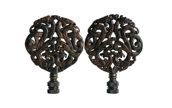 Tortoiseshell Brown Variegated Stone Lamp Finials on Bronze Bases