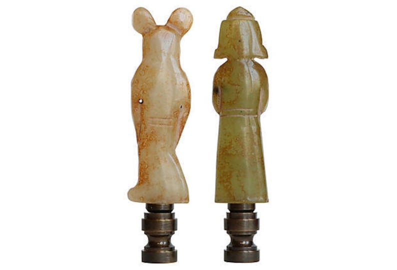 Chinese Couple Carved Stone Lamp Finials Tan and Jade Green on Bronze Tone Bases A Matching Pair