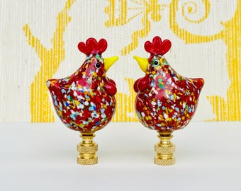Glass Chicken Lamp Finials on Brass Hardware - A Pair of Red Hen Lamp Toppers