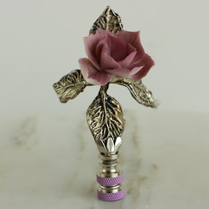 Purple Rose Lamp Finial on Polished Nickel Hardware - Purple  Capodimonte Porcelain Flower Decorative Lamp Topper