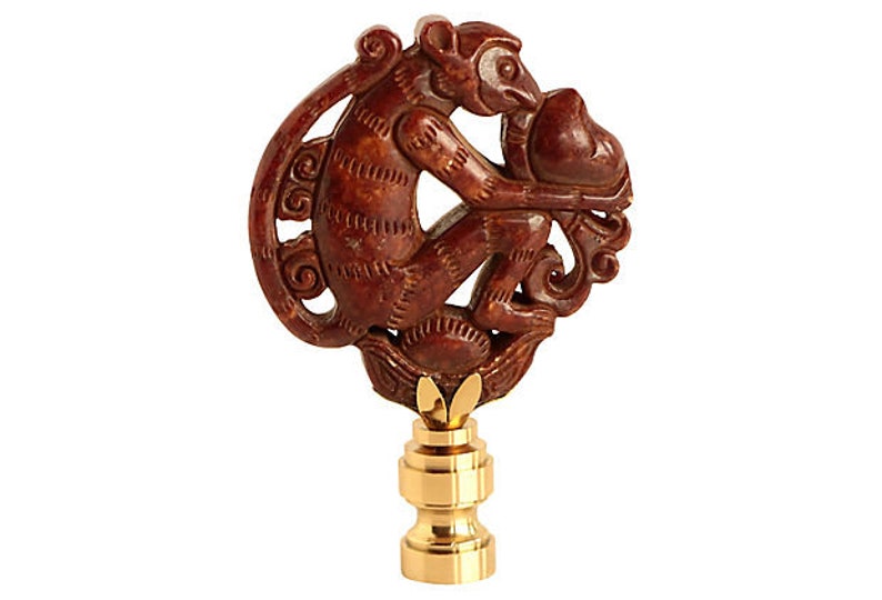 Stone Monkey Lamp Finial Warm Brown Asian Style Carved Stone Monkey on a Shiny Brass Base