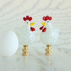 Glass Chicken Lamp Finials on Golden Brass Hardware - A Pair of Rooster Lamp Toppers