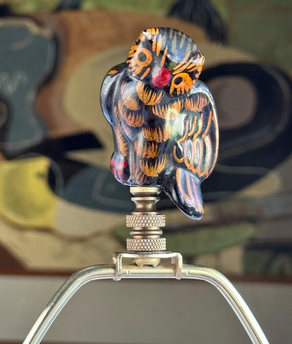 Owl Lamp Finial on Bronze Hardware - Black Lacquerware Bird Lamp