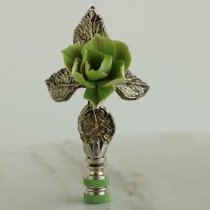 Green Rose Lamp Finial on Polished Nickel Hardware - Green Capodimonte Porcelain Flower Decorative Lamp Topper
