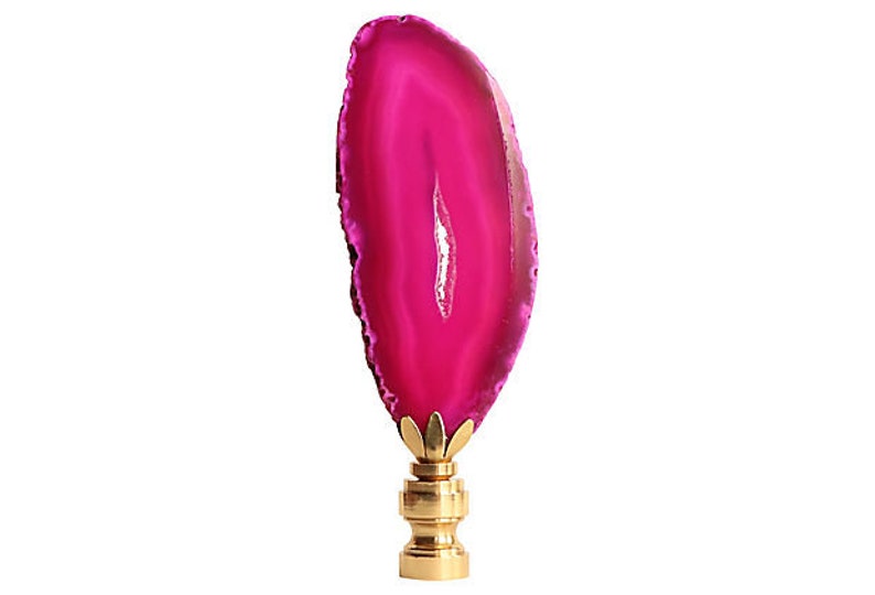 A Matching Pair Hot Pink Agate Slice Lamp Finials on Shiny Brass Bases