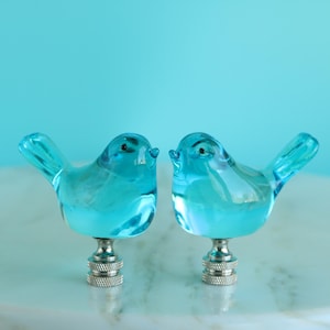Bluebird Glass Bird Lamp Finials on Chrome Hardware - A Matching Pair of Turquoise Blue Glass Lamp Toppers