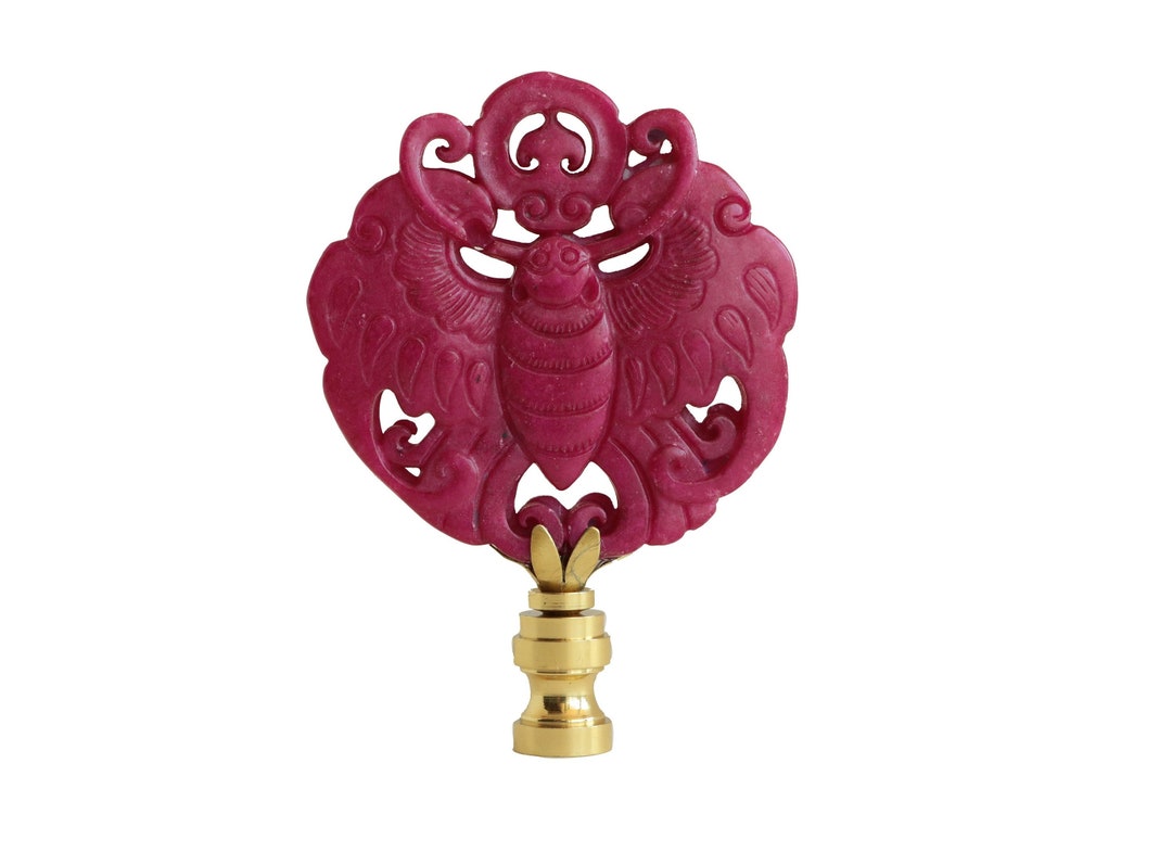 Butterfly Lamp Finial in Pink on Brass Hardware Asian Carved Etsy