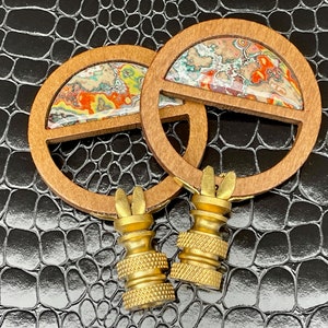 Mid Century Modern Style Marbled Gemstone Graffiti Paint Lamp Finials on Brass Hardware - A Matching Pair