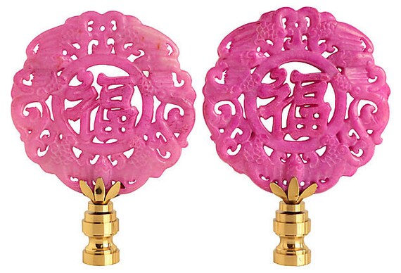 Smiling Dragon Asian Lamp Finials Hot Pink Carved Stone on Shiny Chrome Bases A Matching Pair