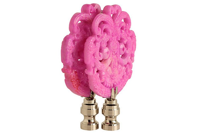 Smiling Dragon Asian Lamp Finials Hot Pink Carved Stone on Shiny Chrome Bases A Matching Pair