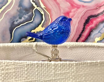 Glass Bird Lamp Finial on Brass Hardware - Blue Songbird Lamp Topper