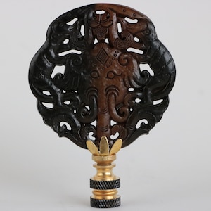 Asian Elephant Lamp Finials in Brown & Caramel on Brass Hardware - A Matching Pair