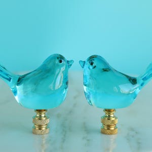 Bluebird Glass Bird Lamp Finials on Brass Hardware - A Matching Pair of Turquoise Blue Glass Lamp Toppers