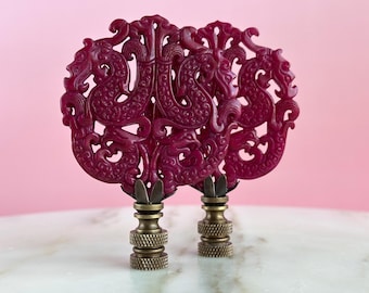 Frilly Dragon Chinese Lamp Finials in Deep Raspberry Pink with Bronze Hardware - A Matching Pair of Chinoiserie Lamp Toppers