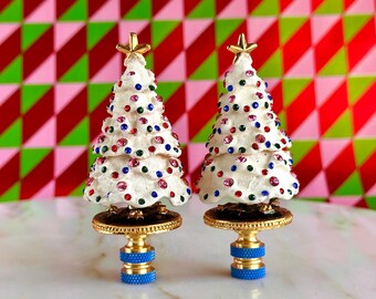 Jeweled Christmas Tree Lamp Finials on Brass Hardware - A Matching Pair